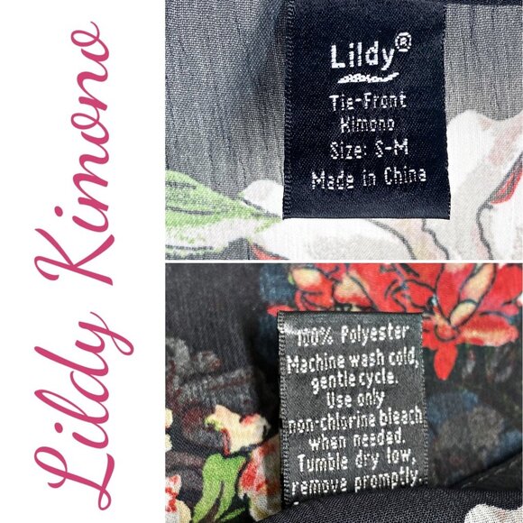 LILDY DARK FLORAL OPEN TIE FRONT KIMONO DUSTER SEMI-SHEER FLUTTER SLEEVE, MEDIUM - Picture 4 of 9